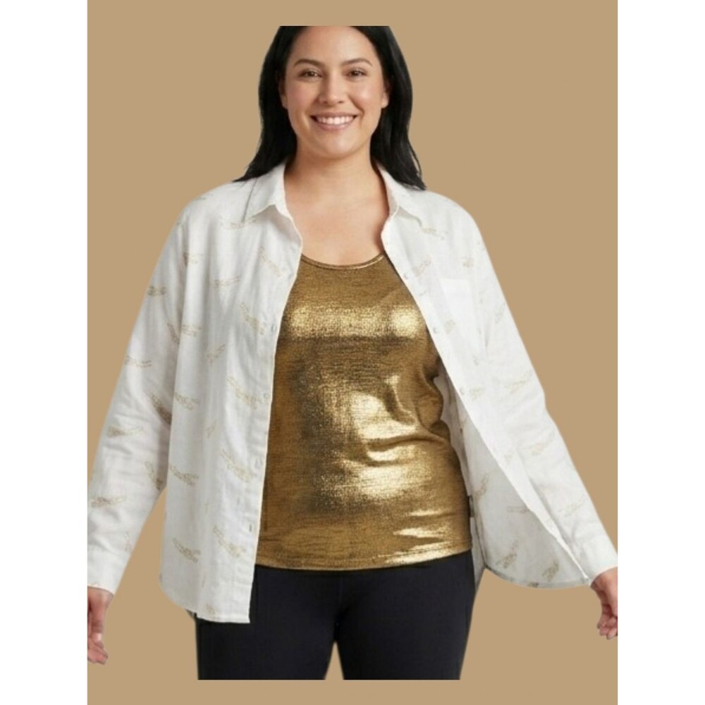 Linen Blend Golden Cheetah Print Blouse Top Button Front Shirt White Size L